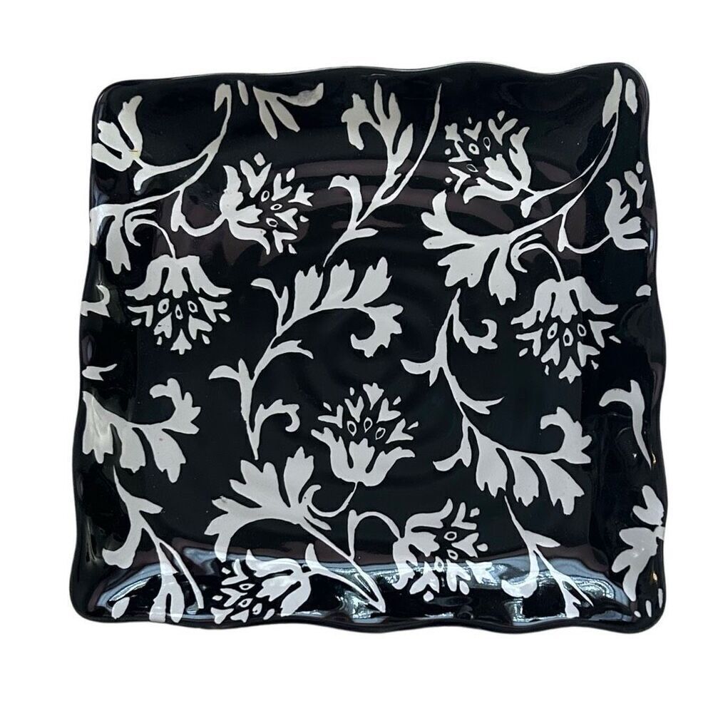 Black and White Floral Brand Square Dessert Plate 9” X 1” with a Scalloped Edge
